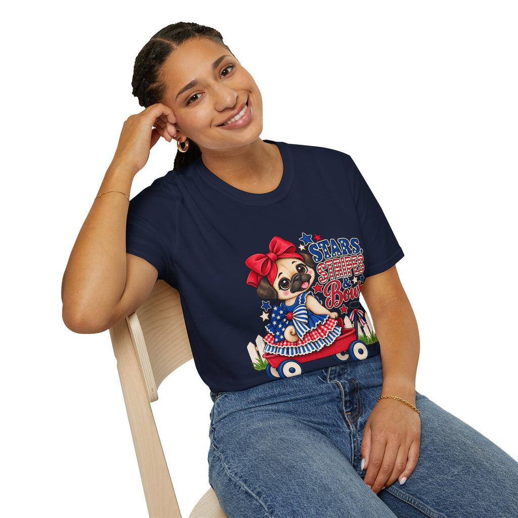 Stars, Stripes & Bows Pug T-Shirt – Patriotic Girl Pug Americana Shirt