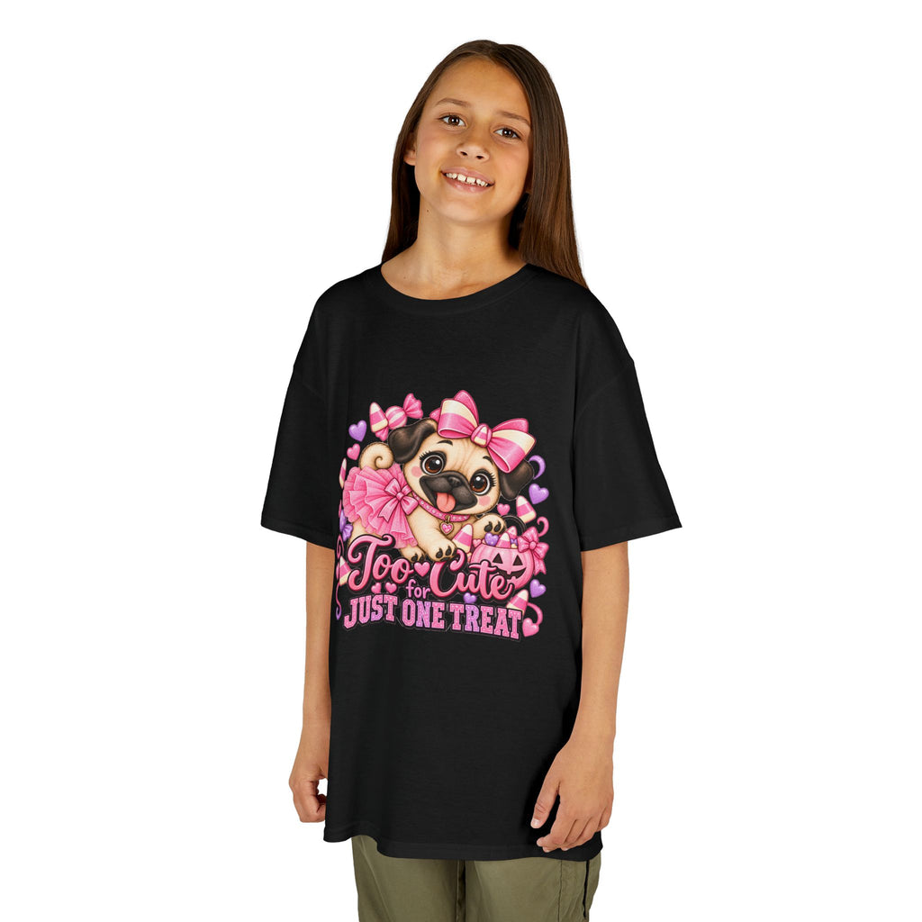 Kids Halloween Pug Shirt | Too Cute Just One Treat | Pink Candy Halloween Tee