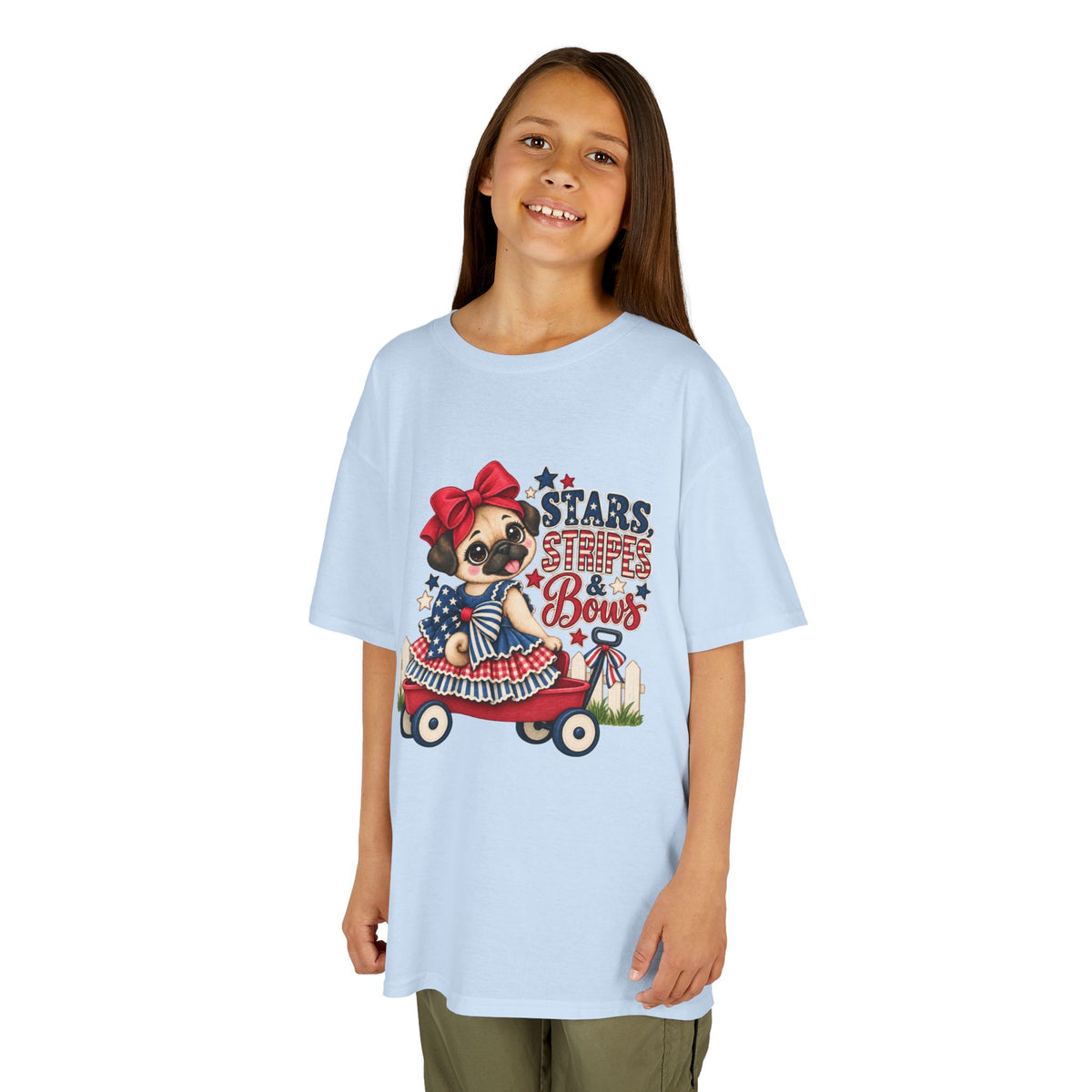 Stars, Stripes & Bows Pug Child's T-Shirt – Patriotic Kids Americana Shirt