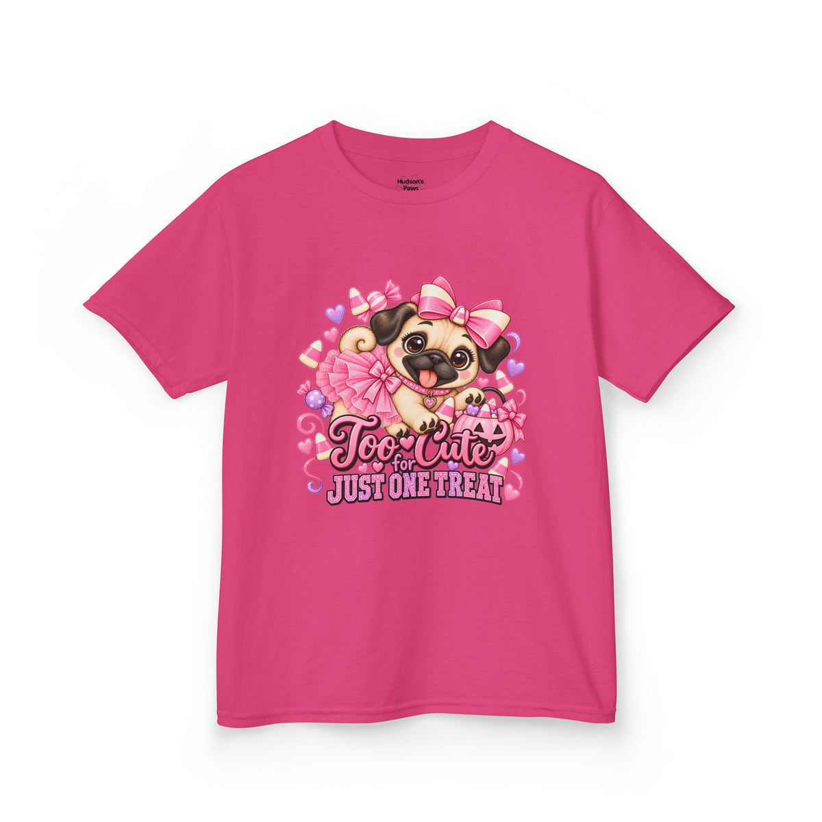 Kids Halloween Pug Shirt | Too Cute Just One Treat | Pink Candy Halloween Tee