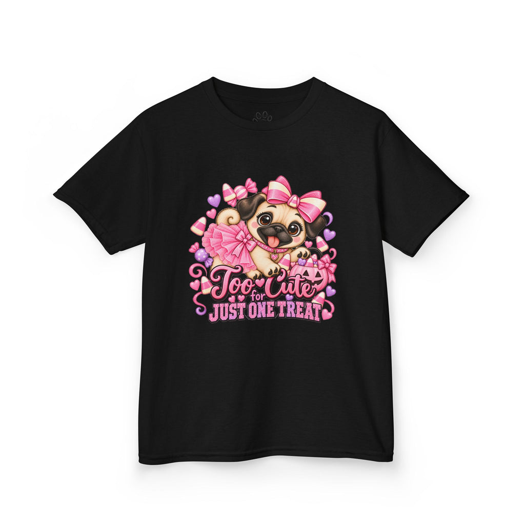 Kids Halloween Pug Shirt | Too Cute Just One Treat | Pink Candy Halloween Tee