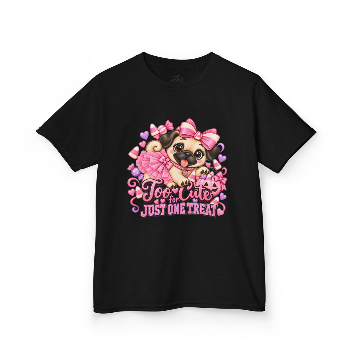 Kids Halloween Pug Shirt | Too Cute Just One Treat | Pink Candy Halloween Tee
