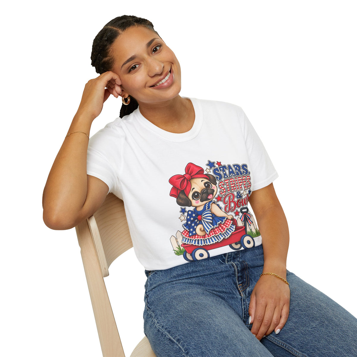 Stars, Stripes & Bows Pug T-Shirt – Patriotic Girl Pug Americana Shirt