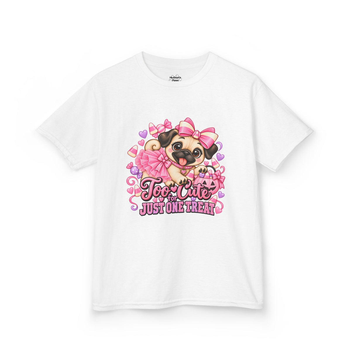 Kids Halloween Pug Shirt | Too Cute Just One Treat | Pink Candy Halloween Tee