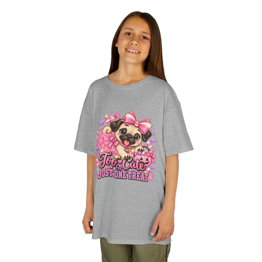 Kids Halloween Pug Shirt | Too Cute Just One Treat | Pink Candy Halloween Tee