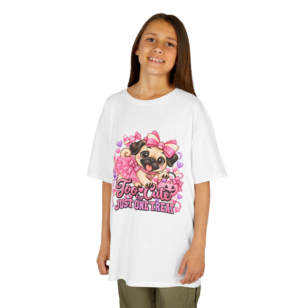 Kids Halloween Pug Shirt | Too Cute Just One Treat | Pink Candy Halloween Tee