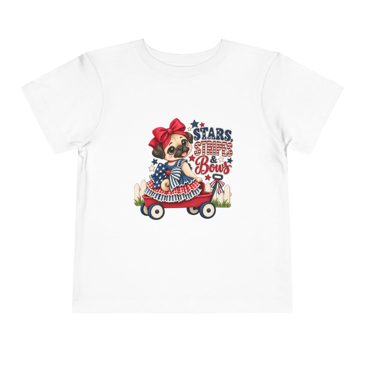 Stars, Stripes & Bows Pug Toddler T-Shirt – Patriotic Kids Americana Shirt