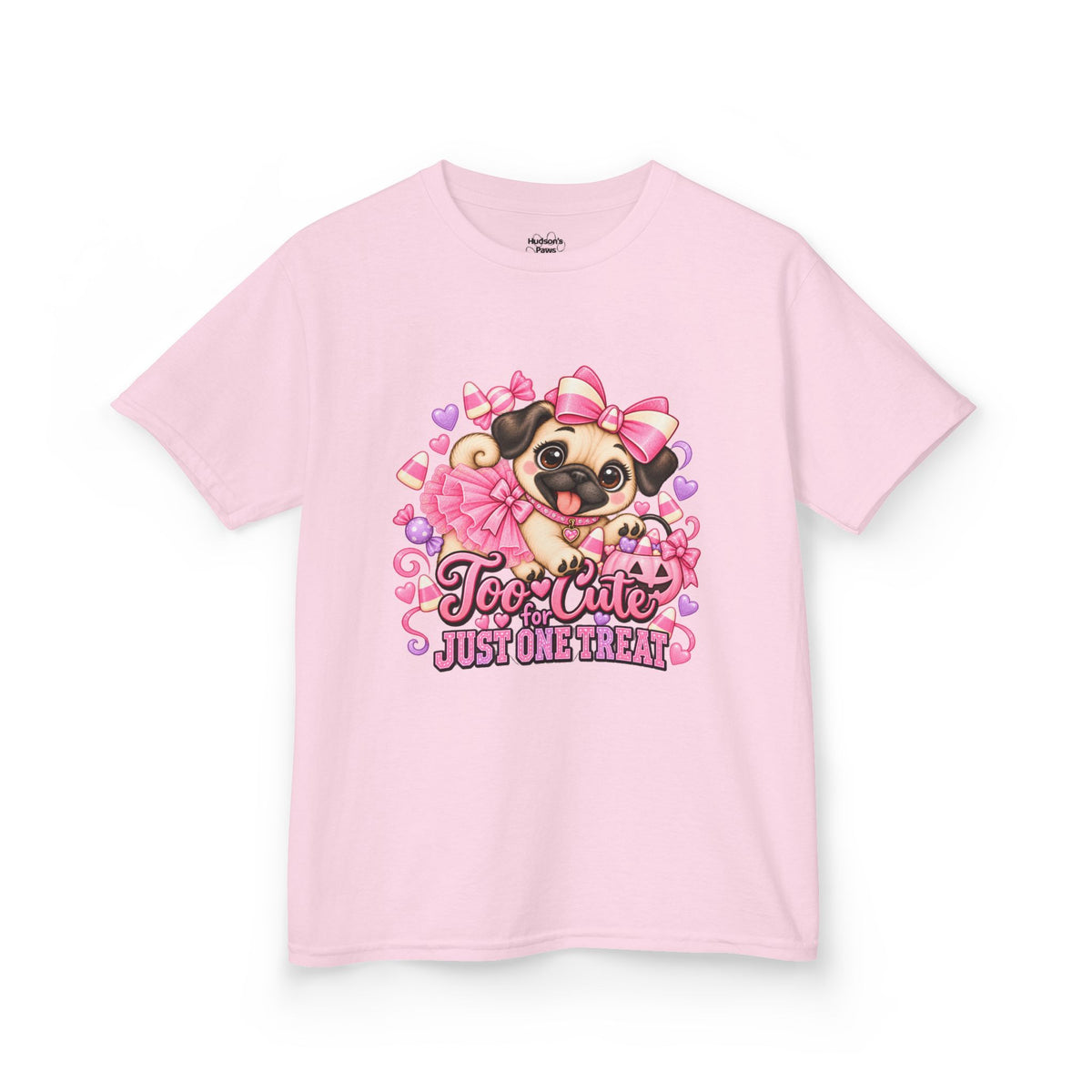 Kids Halloween Pug Shirt | Too Cute Just One Treat | Pink Candy Halloween Tee