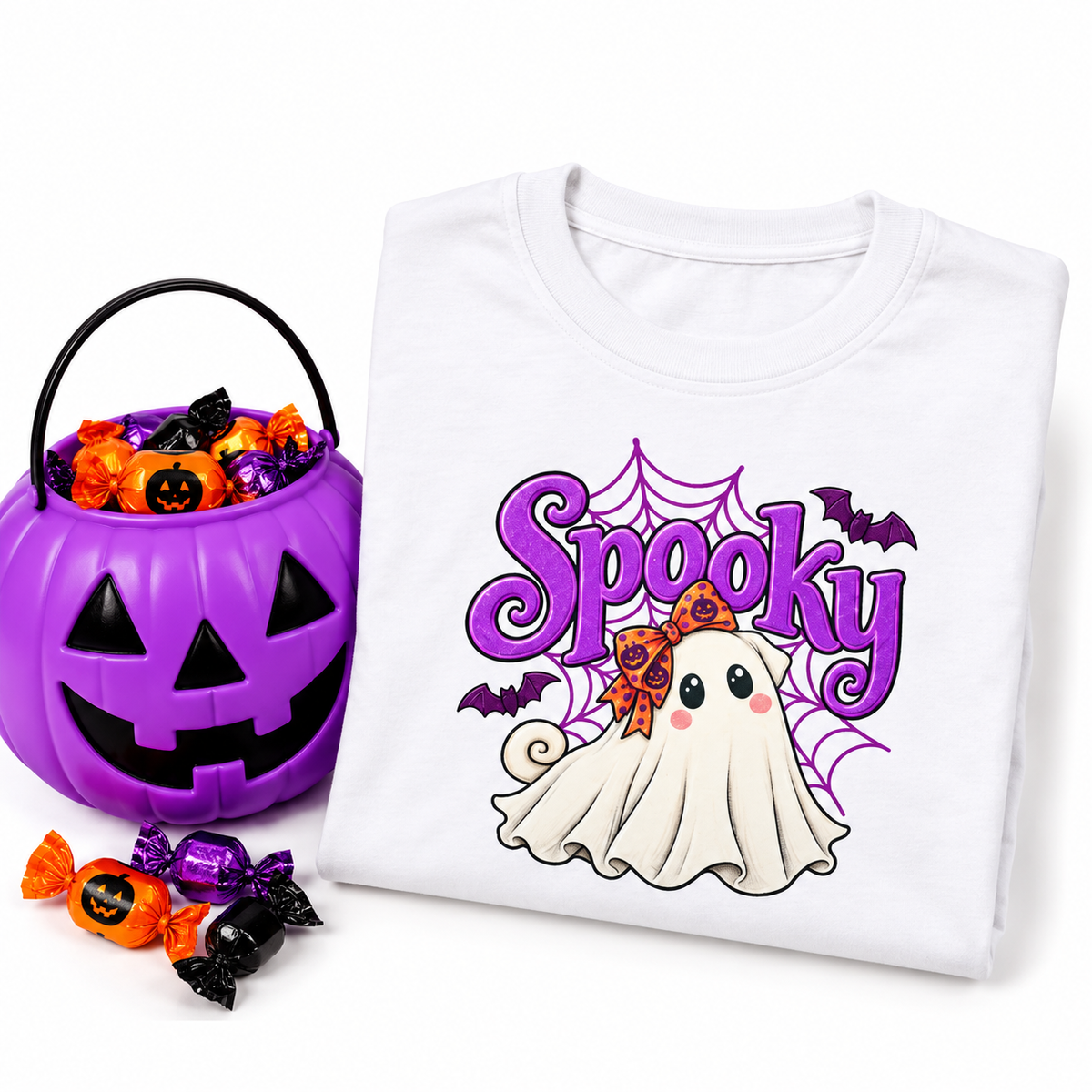 Spooky Girl Ghost Pug Kids Halloween T-Shirt | Cute Pug Ghost Tee
