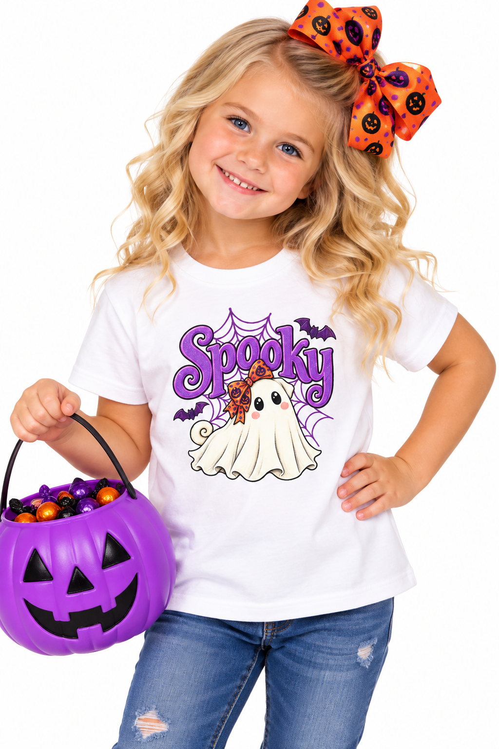 Spooky Girl Ghost Pug Kids Halloween T-Shirt | Cute Pug Ghost Tee