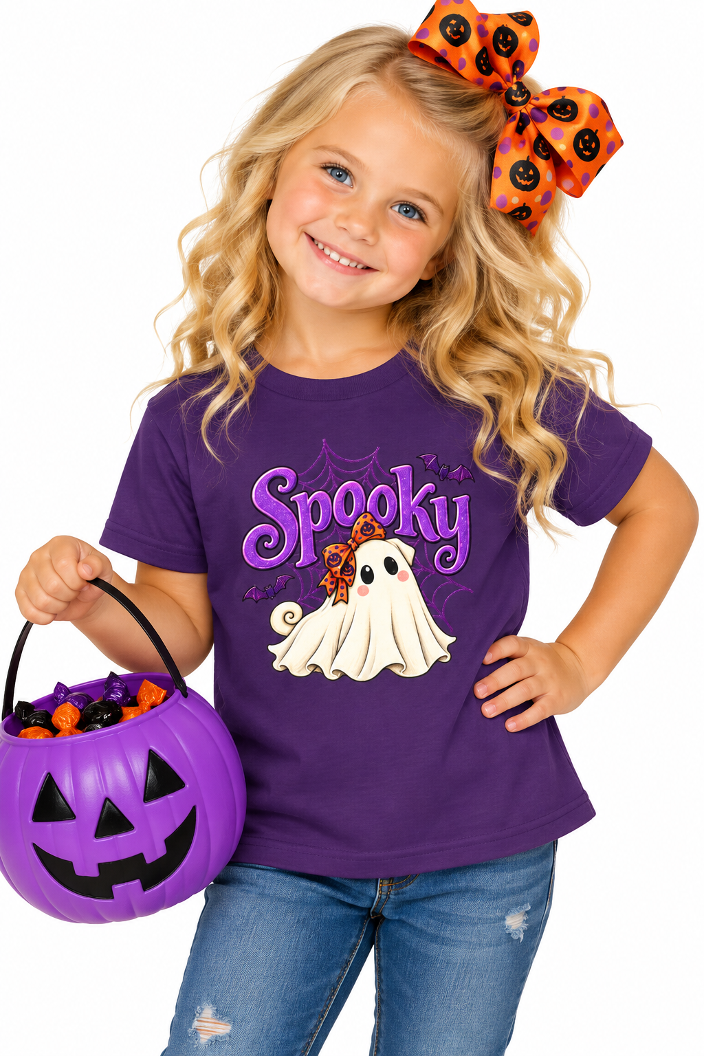 Spooky Girl Ghost Pug Kids Halloween T-Shirt | Cute Pug Ghost Tee
