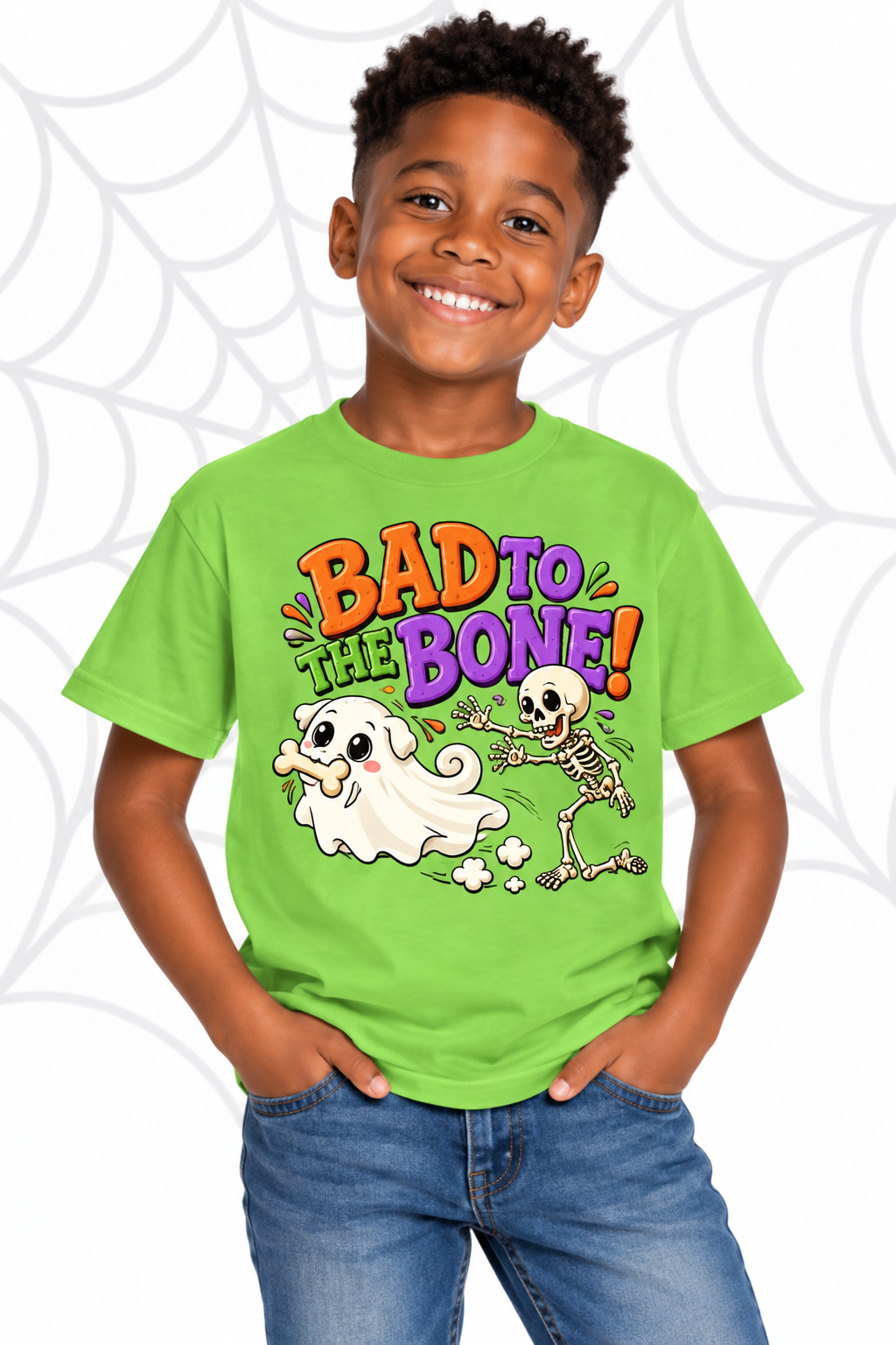 Bad to the Bone Ghost Pug Halloween T-Shirt – Funny Kids Halloween Tee