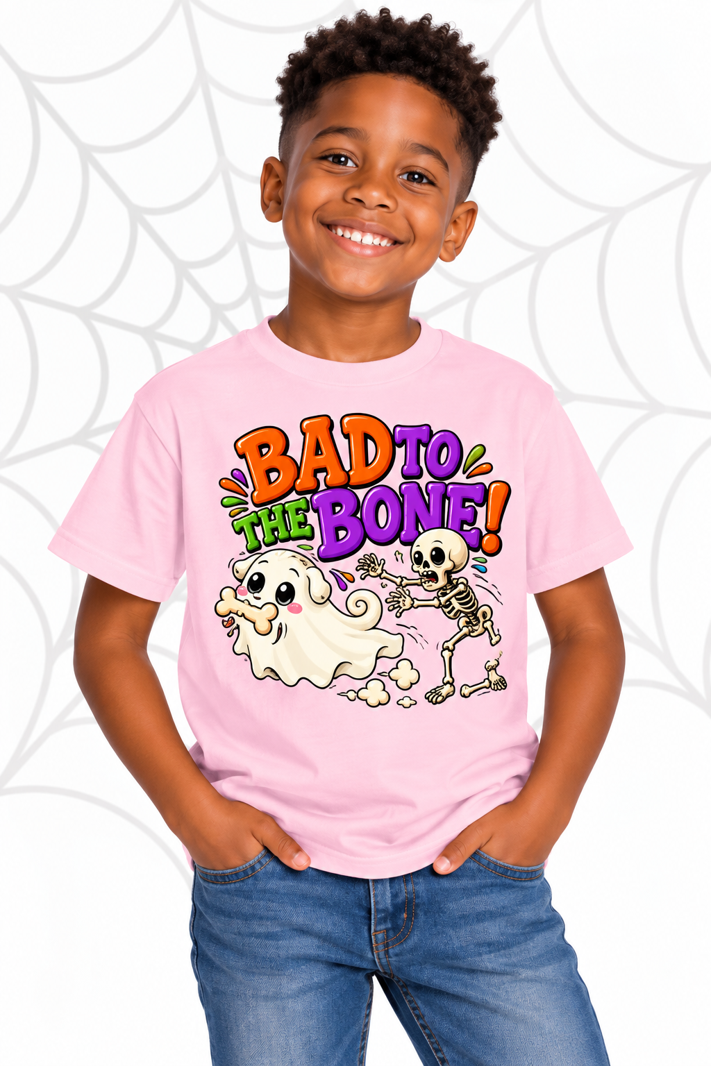 Bad to the Bone Ghost Pug Halloween T-Shirt – Funny Kids Halloween Tee