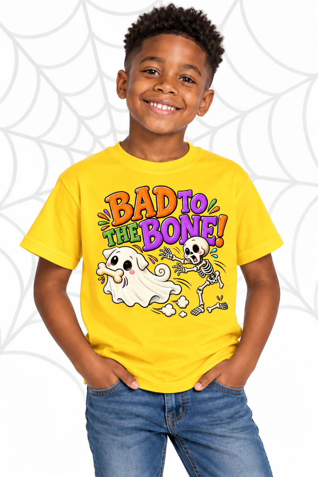 Bad to the Bone Ghost Pug Halloween T-Shirt – Funny Kids Halloween Tee