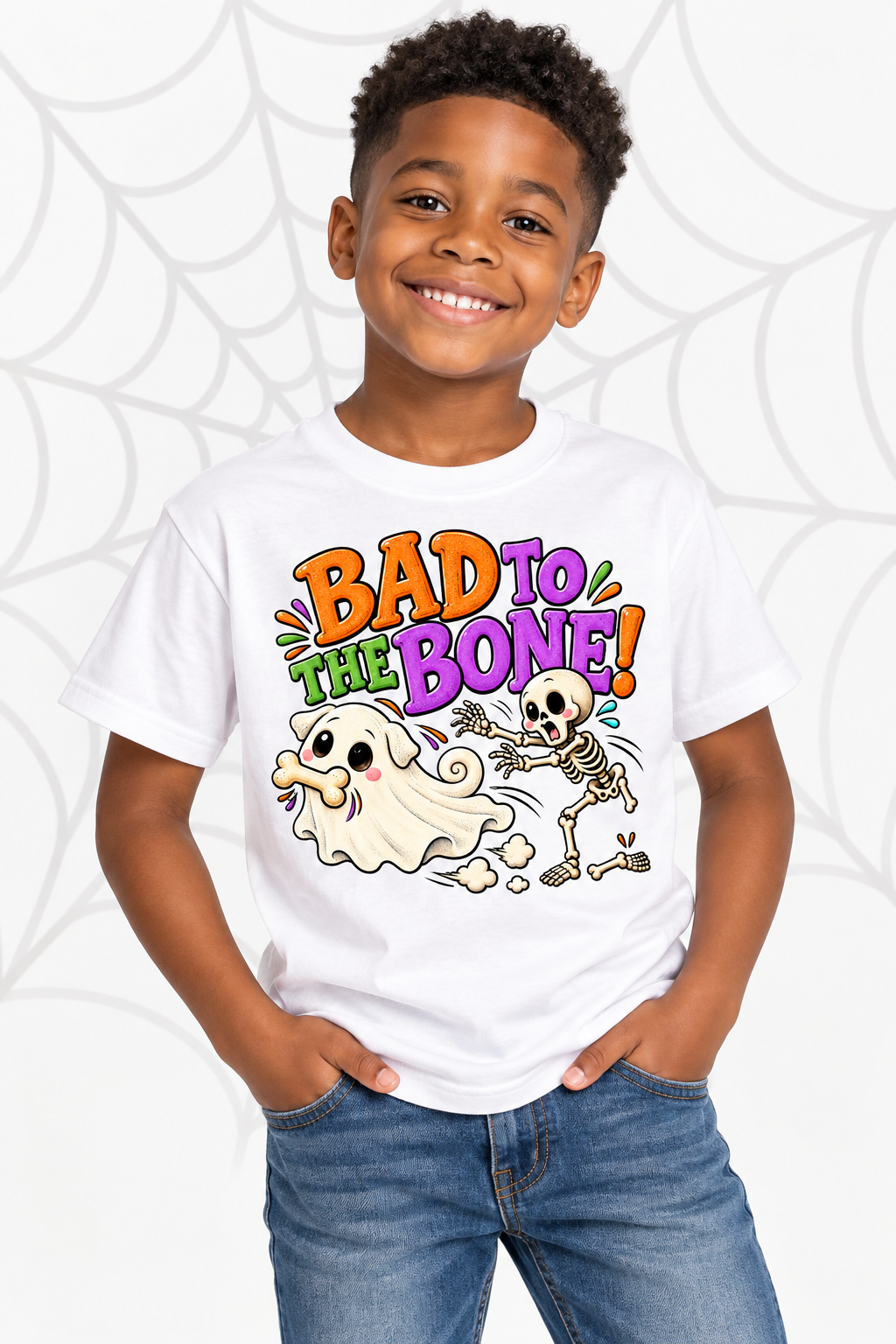 Bad to the Bone Ghost Pug Halloween T-Shirt – Funny Kids Halloween Tee
