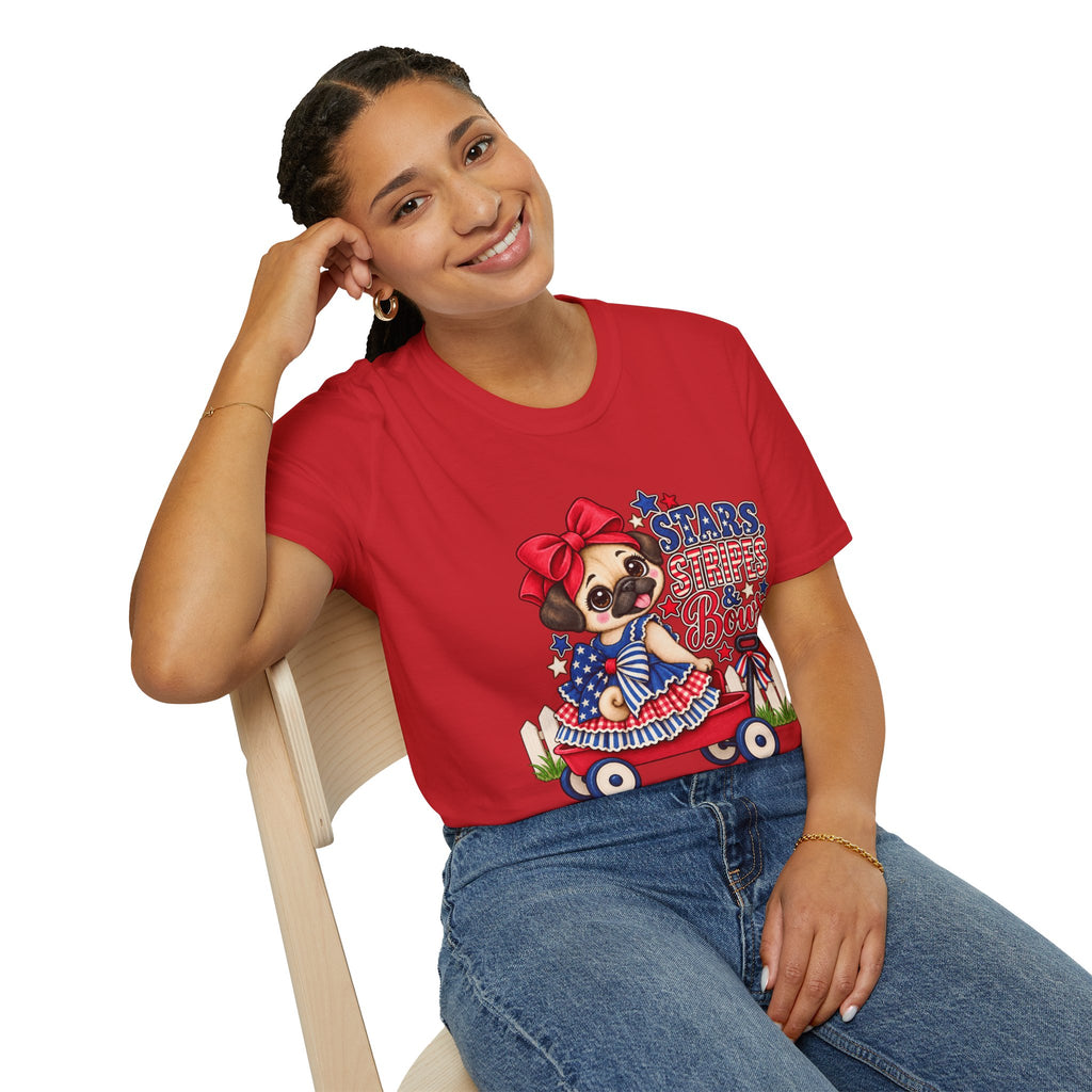 Stars, Stripes & Bows Pug T-Shirt – Patriotic Girl Pug Americana Shirt