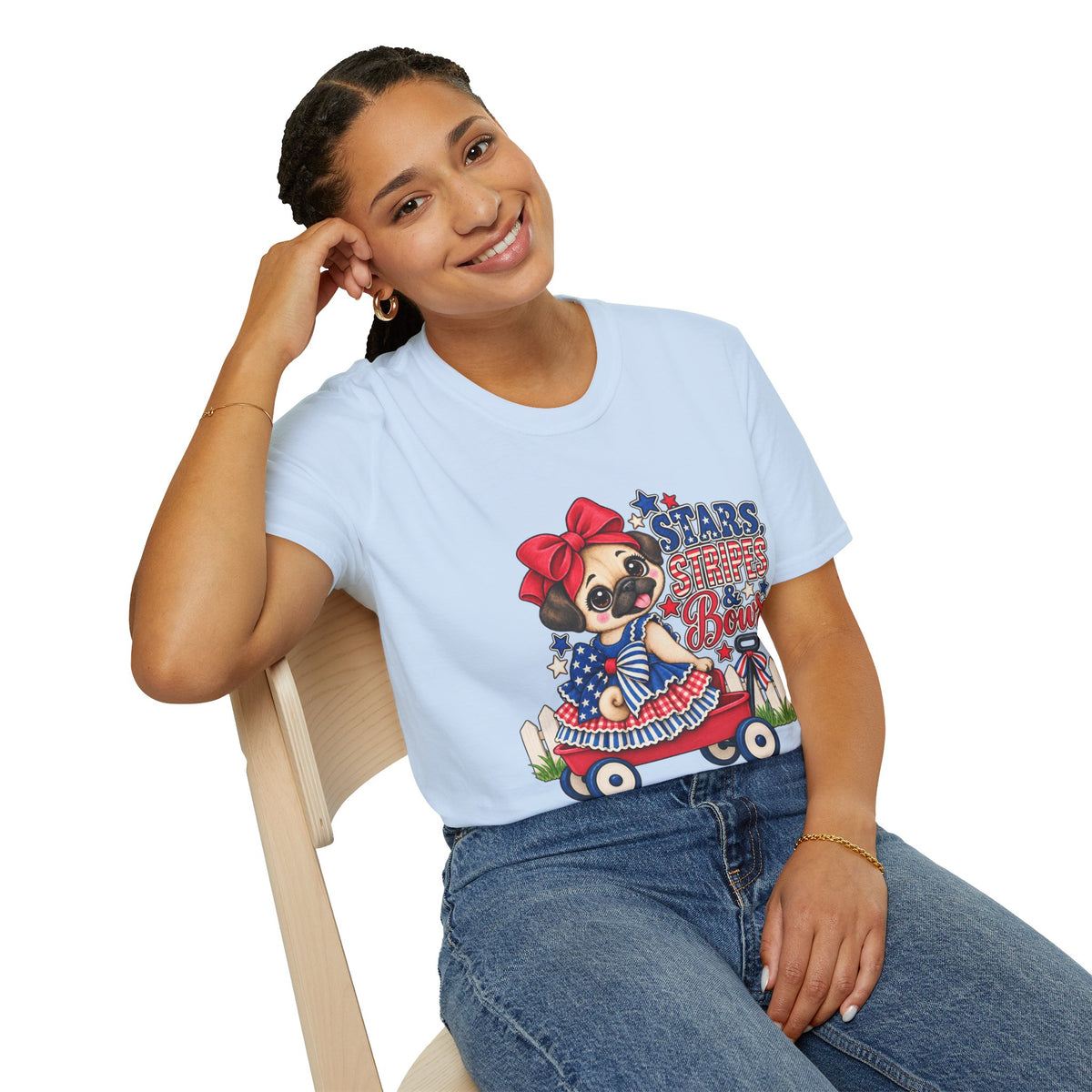 Stars, Stripes & Bows Pug T-Shirt – Patriotic Girl Pug Americana Shirt