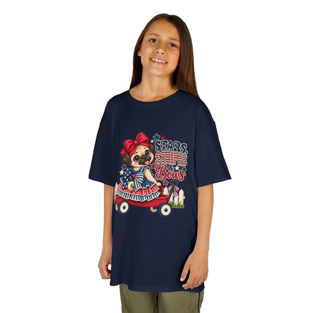 Stars, Stripes & Bows Pug Child's T-Shirt – Patriotic Kids Americana Shirt