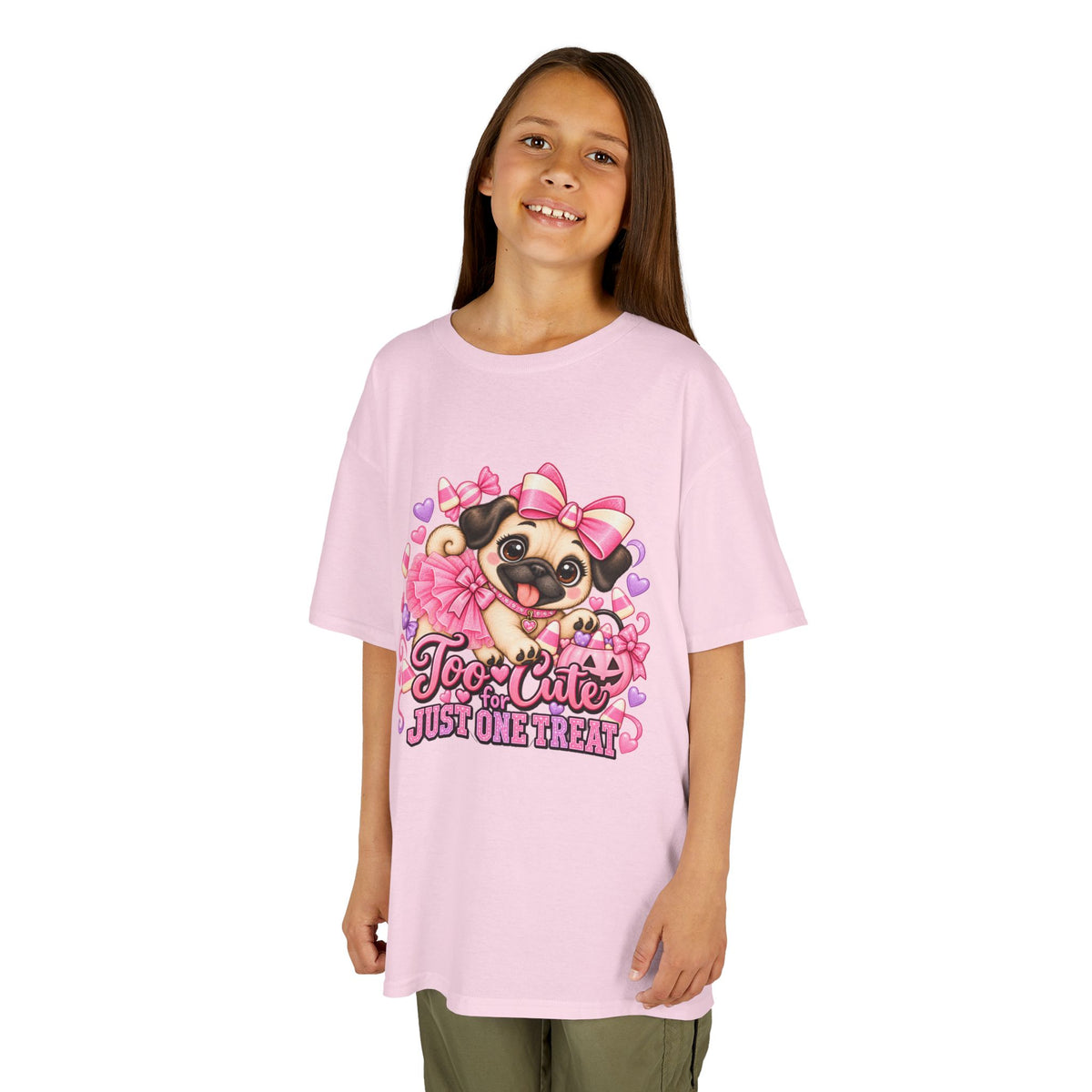 Kids Halloween Pug Shirt | Too Cute Just One Treat | Pink Candy Halloween Tee