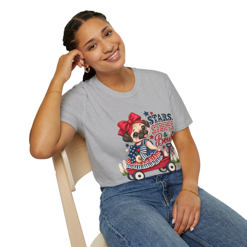 Stars, Stripes & Bows Pug T-Shirt – Patriotic Girl Pug Americana Shirt