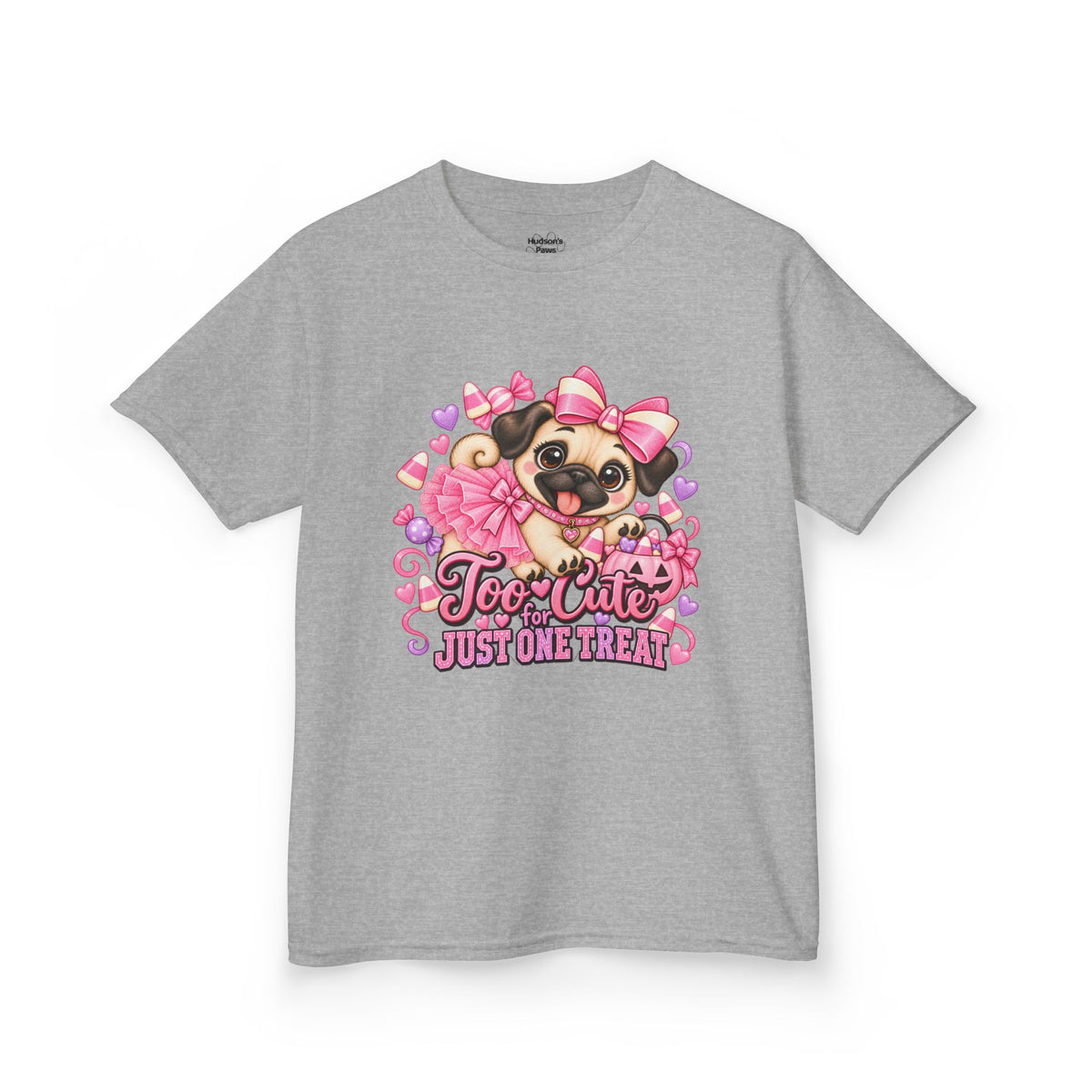 Kids Halloween Pug Shirt | Too Cute Just One Treat | Pink Candy Halloween Tee