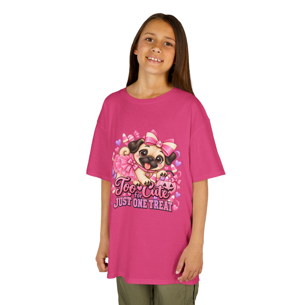 Kids Halloween Pug Shirt | Too Cute Just One Treat | Pink Candy Halloween Tee